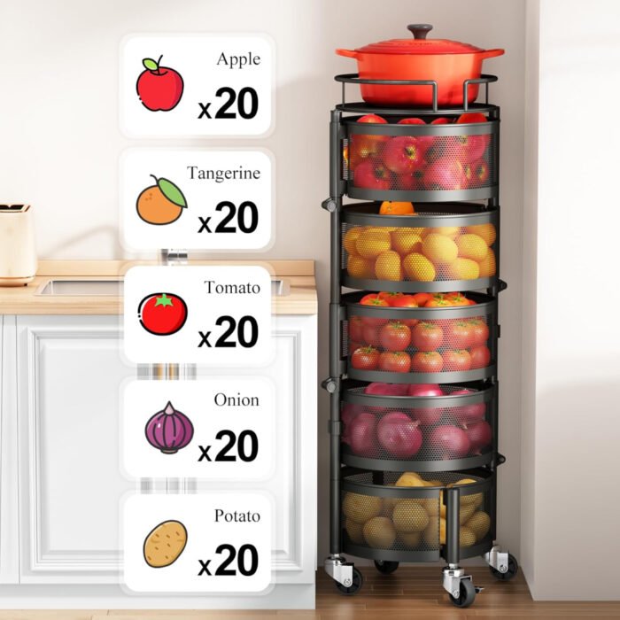 5-Tier Rotating Fruit and Vegetable Basket with Metal Lid - Image 3